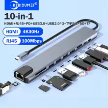 KEBIDUMEI Stacja Dokująca USB-C 10w1 HDMI 4K | HUB USB 3.0 | Ethernet RJ45 | Power Delivery 100W | Czytnik SD/TF | Adapter OTG | Space Gray