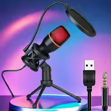 Mikrofon Pojemnościowy RGB ze Statywem USB/Jack – Do Streamingu, YouTube, Podcastów i Gier.