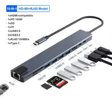 KEBIDUMEI Stacja Dokująca USB-C 10w1 HDMI 4K | HUB USB 3.0 | Ethernet RJ45 | Power Delivery 100W | Czytnik SD/TF | Adapter OTG | Space Gray